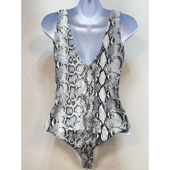 Lulus Womens Wildlife Black and White Snake Print Bodysuit Size L Sexy Chic - Picture 10 of 13
